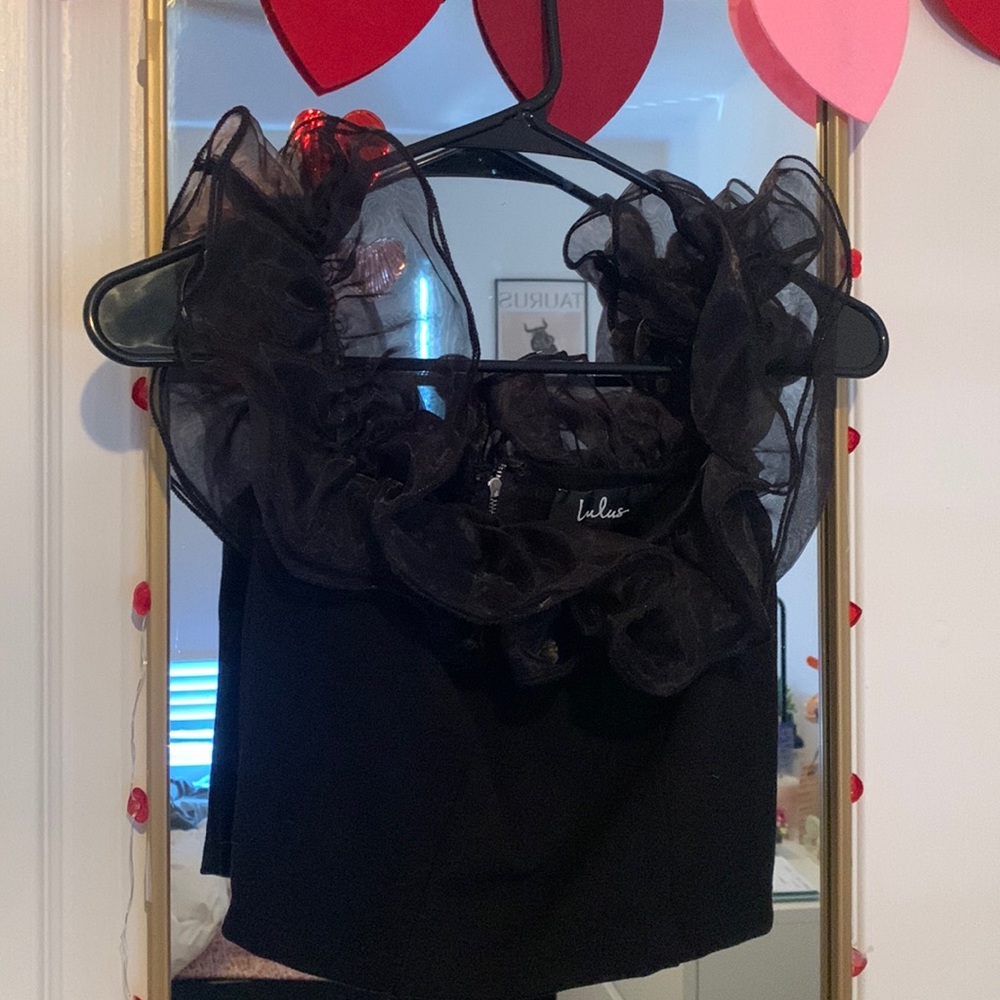 Black, ruffled off the shoulders crop top